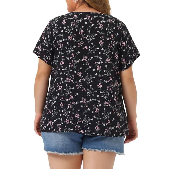 Plus Size Women's Summer Tops Floral Half Placket Short Sleeve Blouses Black - Picture 4 of 6